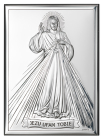 Srebrny obrazek prostokątny Jezus Miłosierny Jezu ufam Tobie 